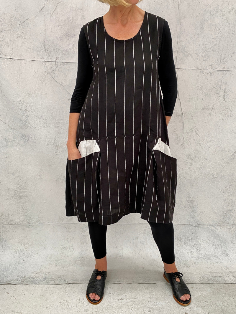 Piper Tunic Dress Black Stripe Linen with Contrast Pockets