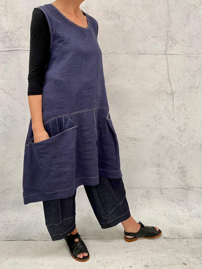 Piper Tunic Dress Antique Washed Navy Linen with Contrast Pockets