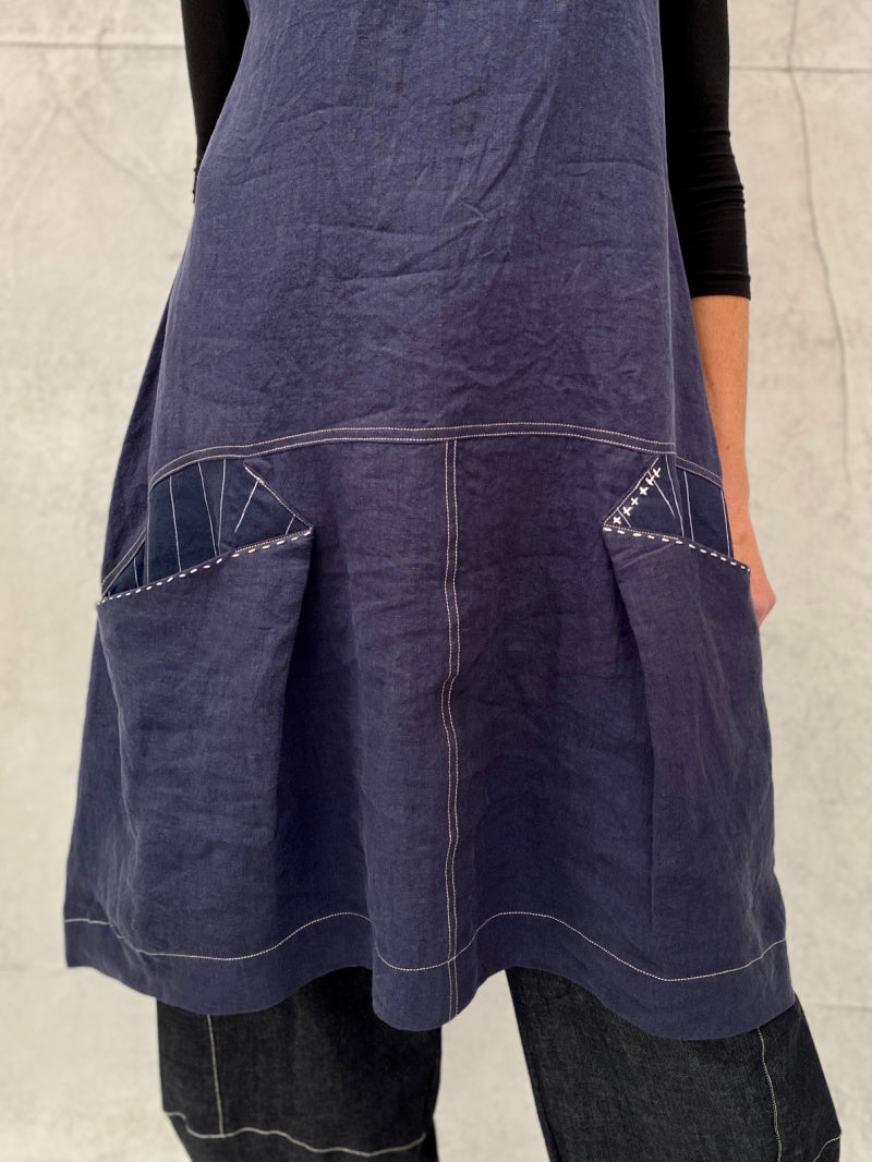 Piper Tunic Dress Antique Washed Navy Linen with Contrast Pockets