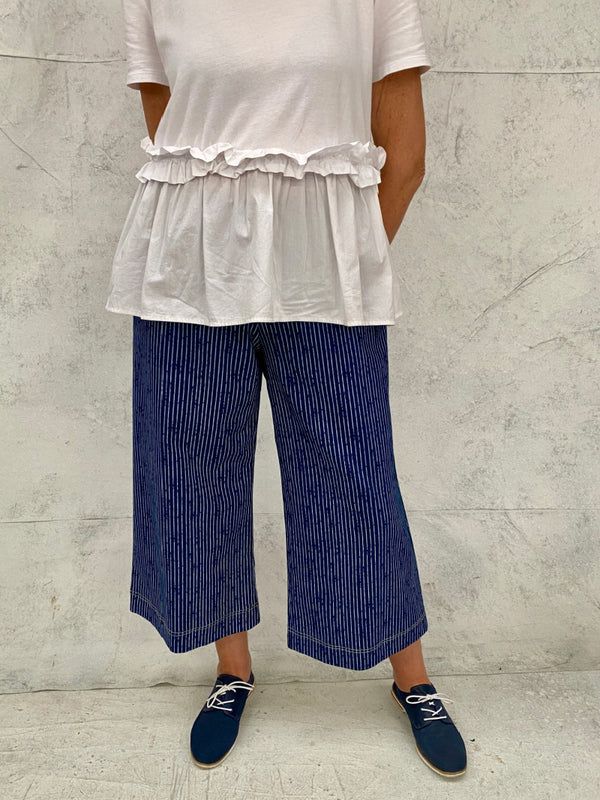 Audrey Culottes in Stretch Cotton Indigo Stripe with Natural Top Stitch Detail