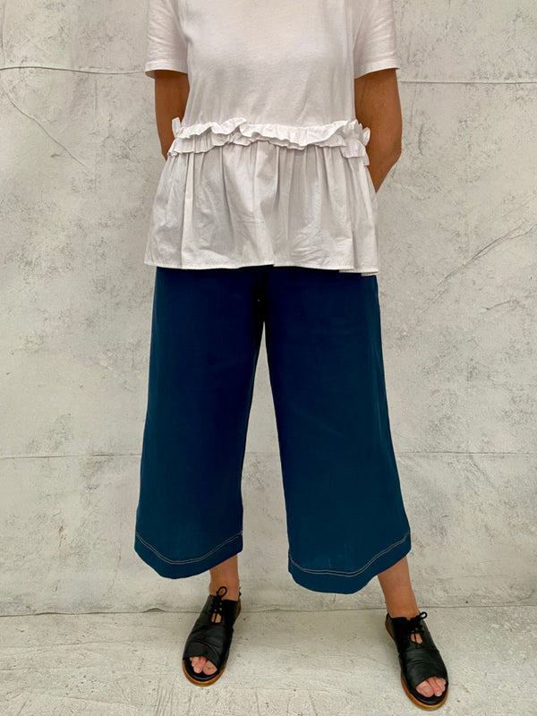 Audrey Culottes in Teal Linen with Natural Top Stitch Detail