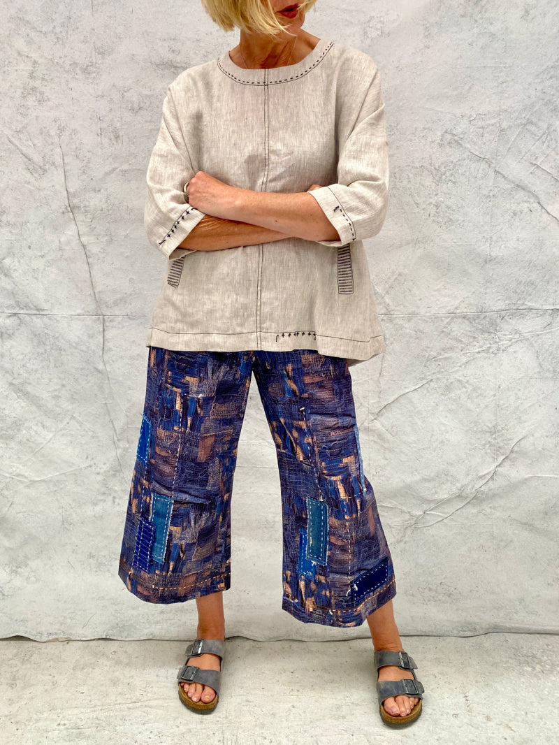 Audrey Culottes-Limited Edition, in Our Signature Boro Inspired Printed Cotton With Hand Patched and Hand Stitched Detail