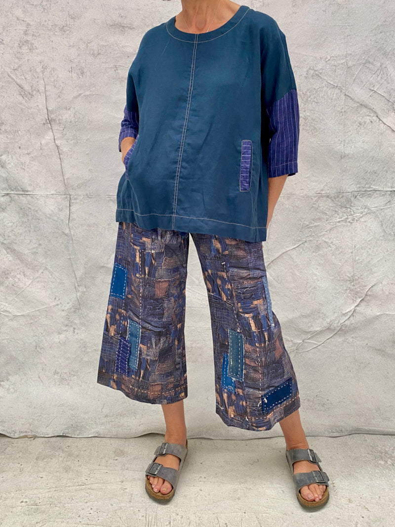 Audrey Culottes-Limited Edition, in Our Signature Boro Inspired Printed Cotton With Hand Patched and Hand Stitched Detail