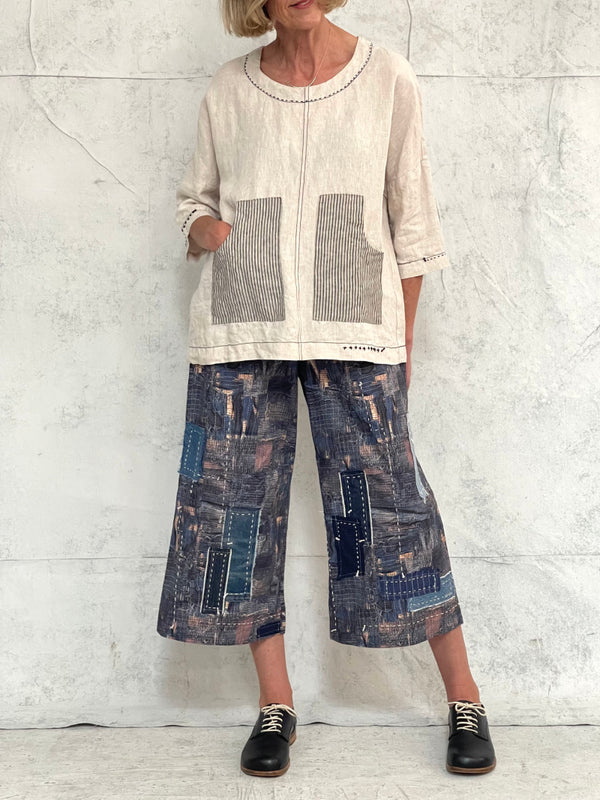 Audrey Culottes-Limited Edition, in Our Signature Boro Inspired Printed Cotton With Hand Patched and Hand Stitched Detail