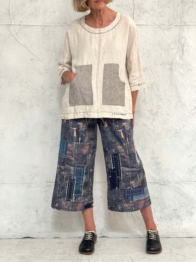 Audrey Culottes-Limited Edition, in Our Signature Boro Inspired Printed Cotton With Hand Patched and Hand Stitched Detail