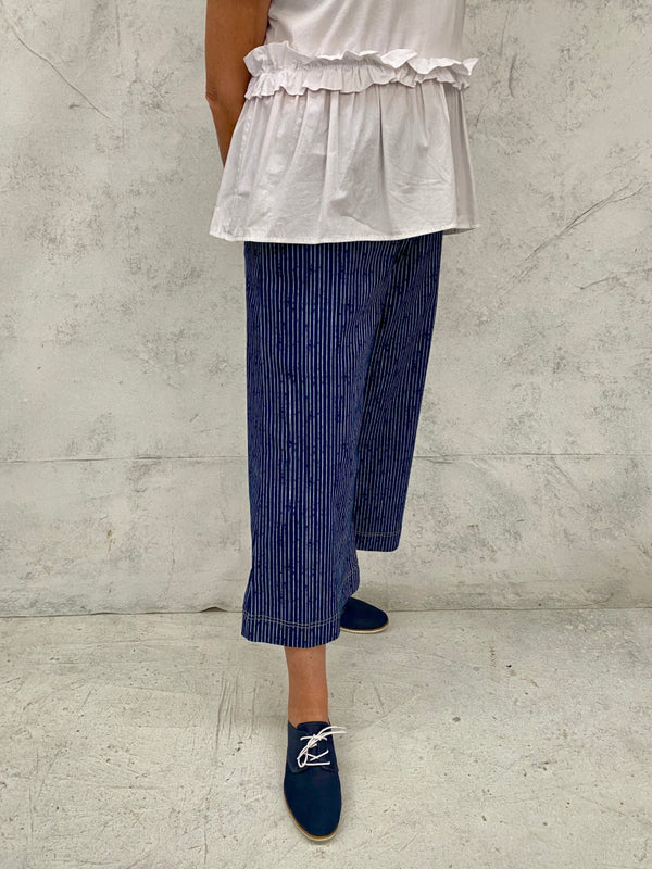 Audrey Culottes in Stretch Cotton Indigo Stripe with Natural Top Stitch Detail