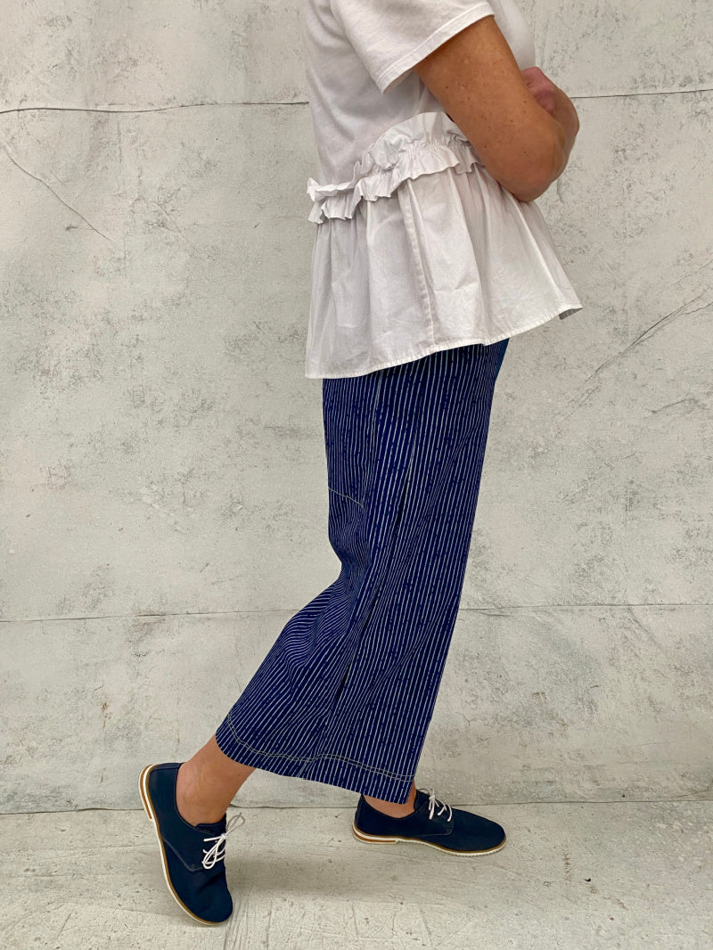 Audrey Culottes in Stretch Cotton Indigo Stripe with Natural Top Stitch Detail