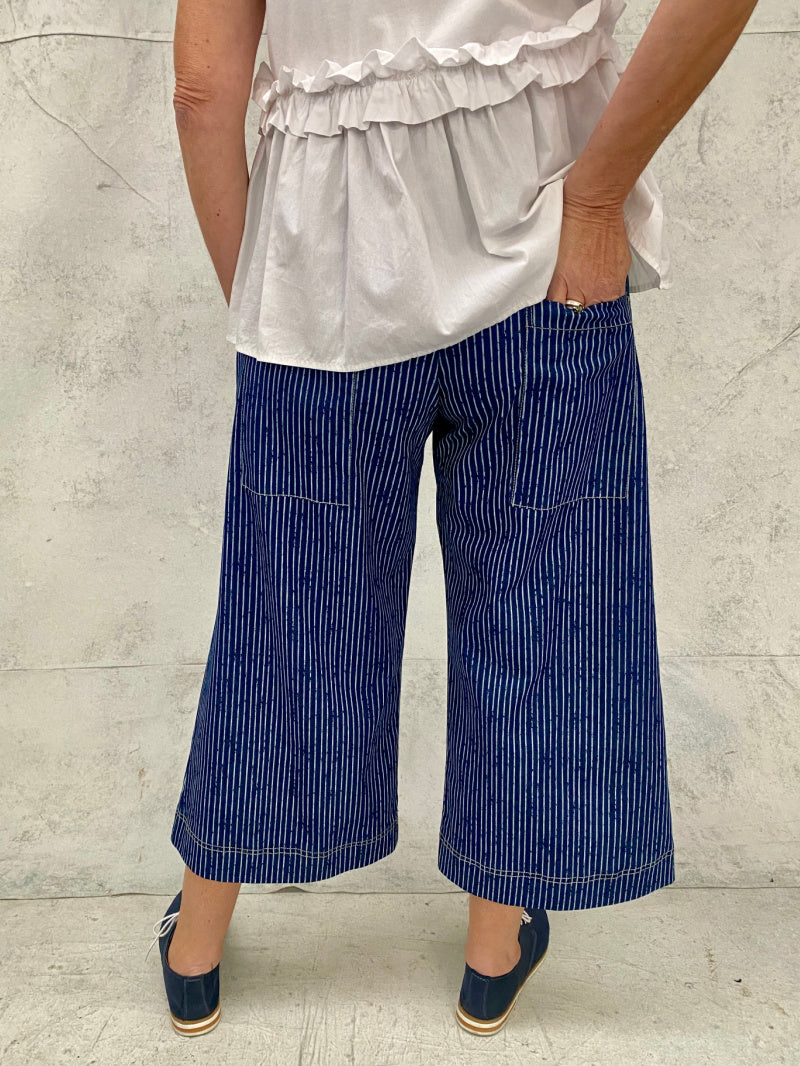 Audrey Culottes in Stretch Cotton Indigo Stripe with Natural Top Stitch Detail