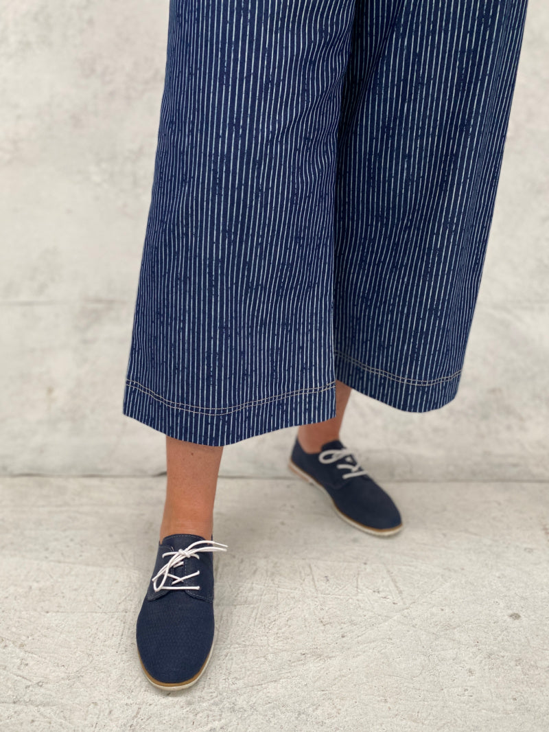 Audrey Culottes in Stretch Cotton Indigo Stripe with Natural Top Stitch Detail