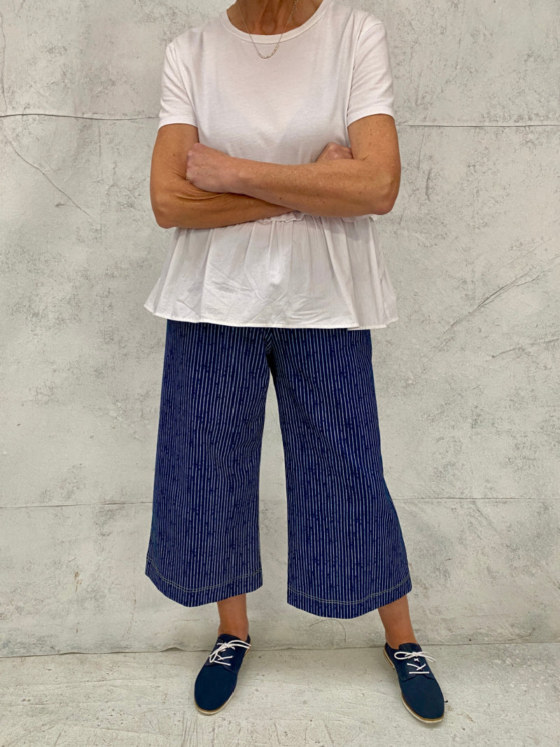 Audrey Culottes in Stretch Cotton Indigo Stripe with Natural Top Stitch Detail