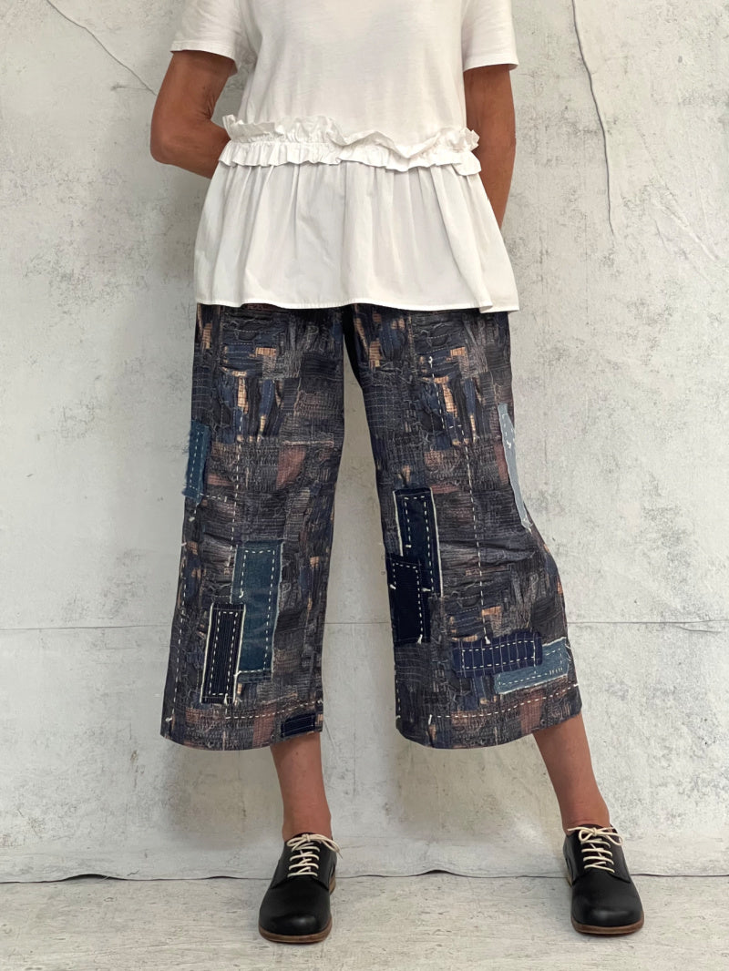 Audrey Culottes-Limited Edition, in Our Signature Boro Inspired Printed Cotton With Hand Patched and Hand Stitched Detail