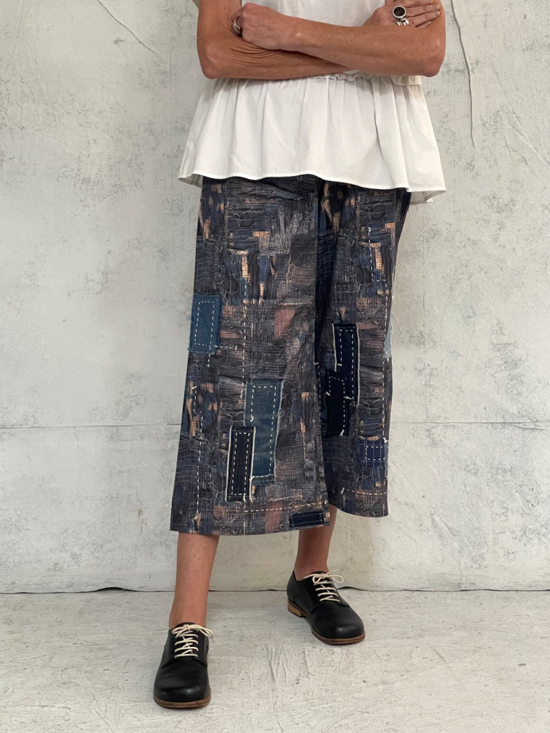 Audrey Culottes-Limited Edition, in Our Signature Boro Inspired Printed Cotton With Hand Patched and Hand Stitched Detail
