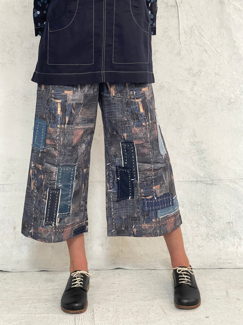 Audrey Culottes-Limited Edition, in Our Signature Boro Inspired Printed Cotton With Hand Patched and Hand Stitched Detail