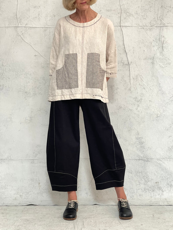 Grace Pant in Black Stretch Cotton With Natural Contrast Topstitch