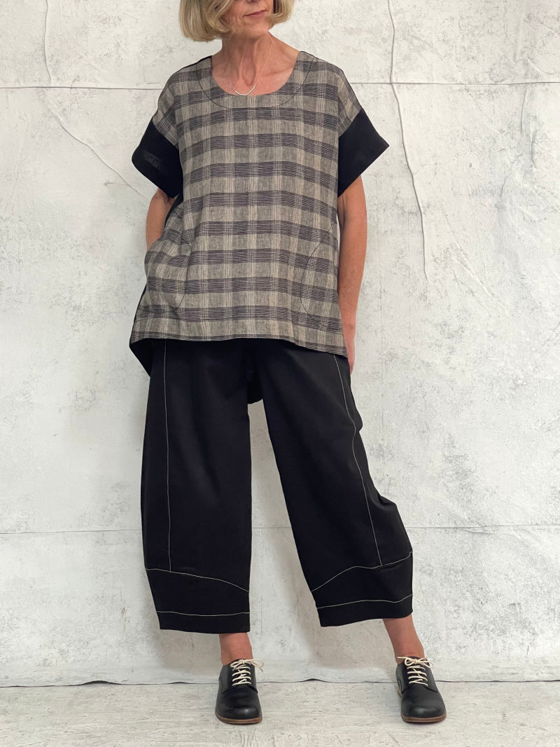 Grace Pant in Black Stretch Cotton With Natural Contrast Topstitch