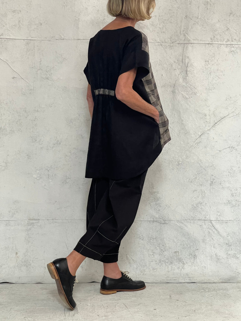 Grace Pant in Black Stretch Cotton With Natural Contrast Topstitch