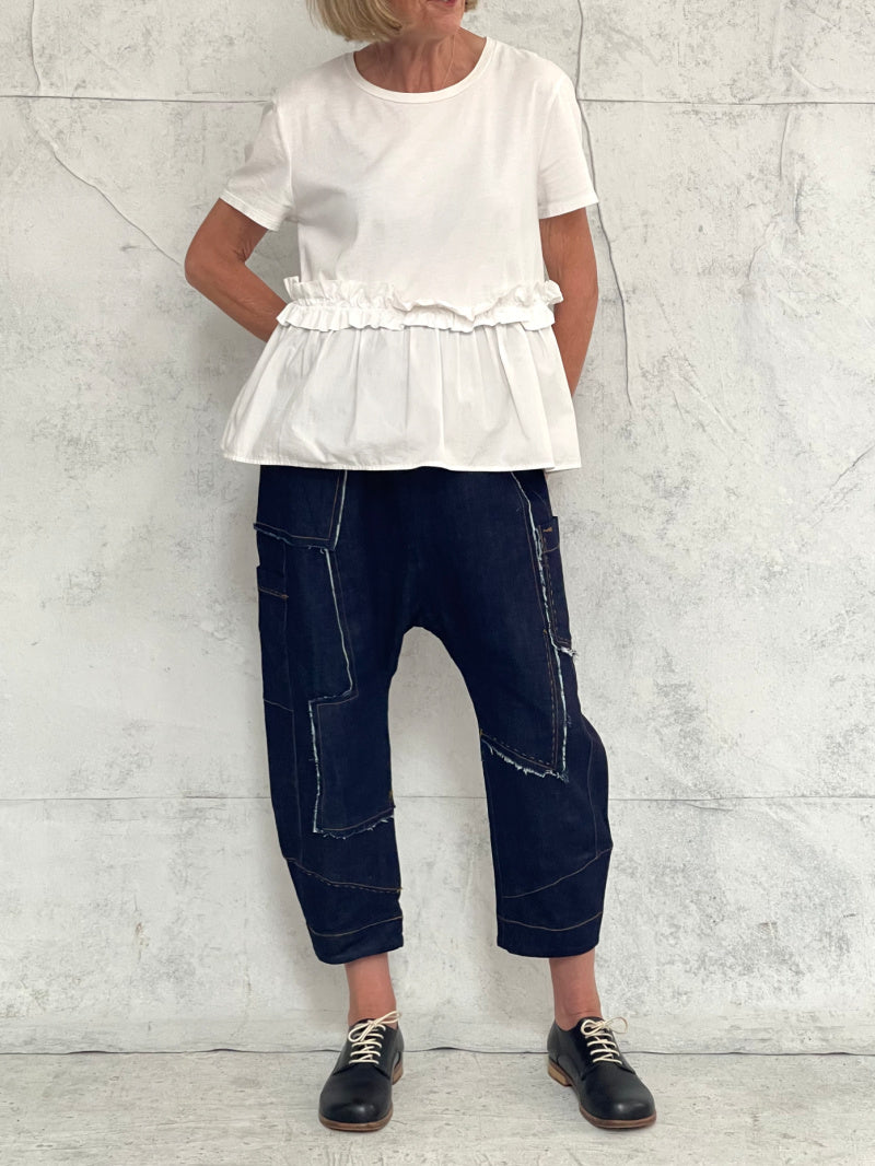 Drop Crotch Organic Indigo Midweight Denim Pant (New Raw denim will initially transfer colour, please see washing instructions)