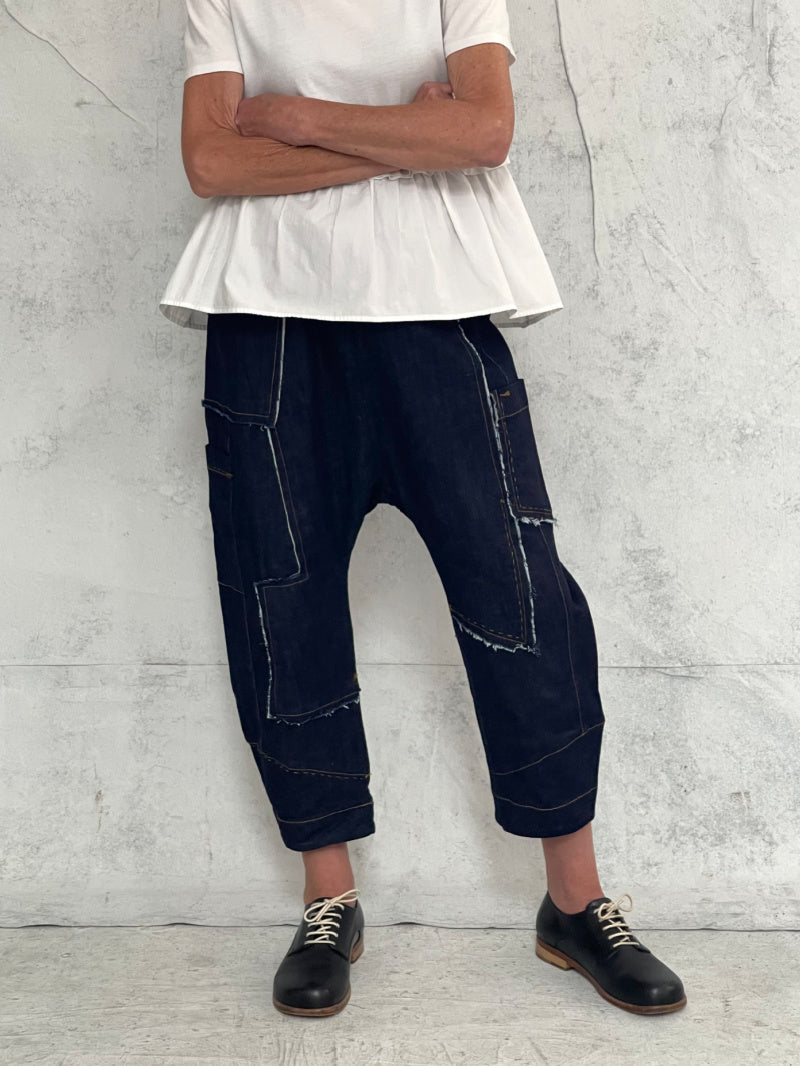 Drop Crotch Organic Indigo Midweight Denim Pant (New Raw denim will initially transfer colour, please see washing instructions)