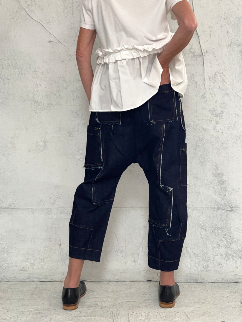 Drop Crotch Organic Indigo Midweight Denim Pant (New Raw denim will initially transfer colour, please see washing instructions)