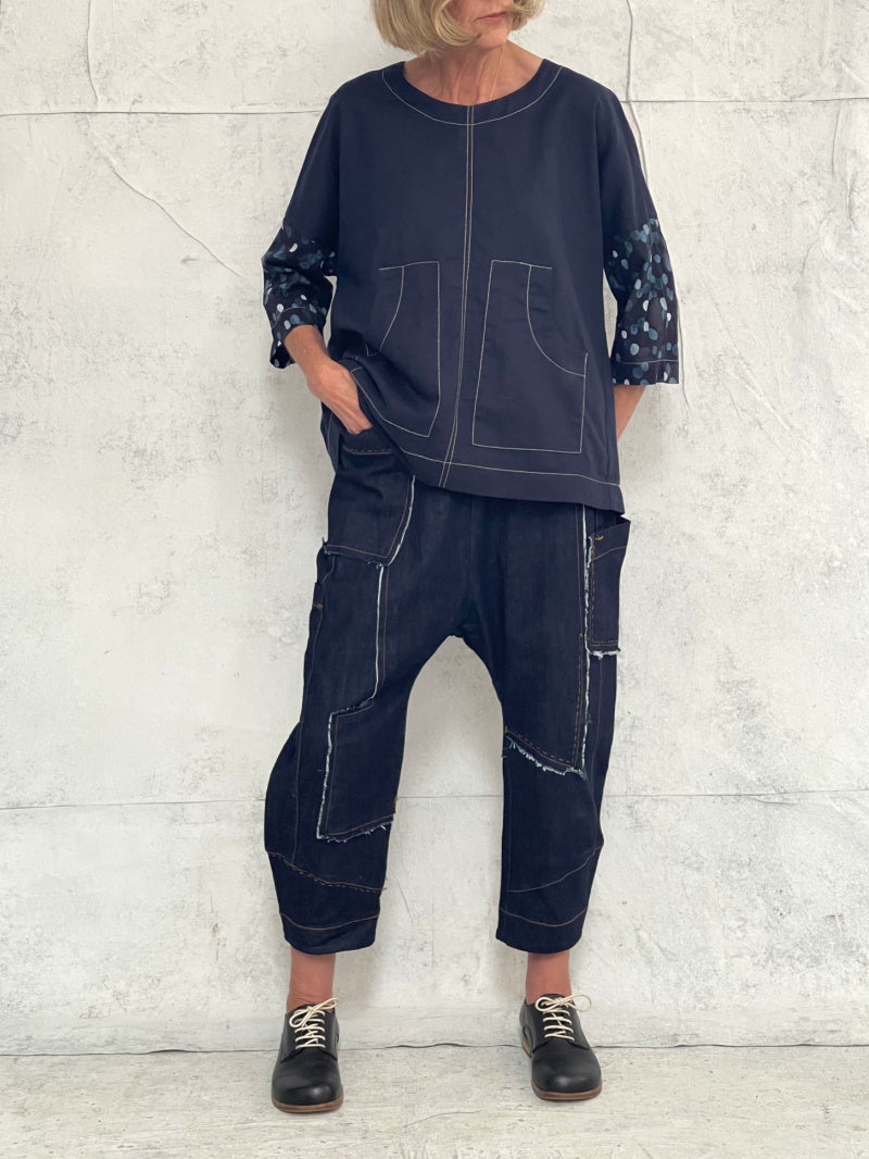 Drop Crotch Organic Indigo Midweight Denim Pant (New Raw denim will initially transfer colour, please see washing instructions)