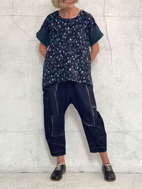 Drop Crotch Organic Indigo Midweight Denim Pant (New Raw denim will initially transfer colour, please see washing instructions)