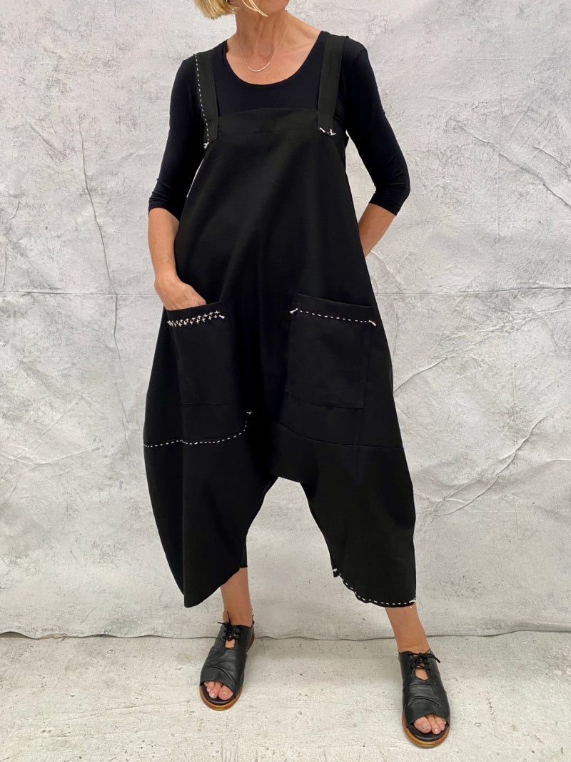 Envelope Overalls Black Linen with Hand Stitched Detail