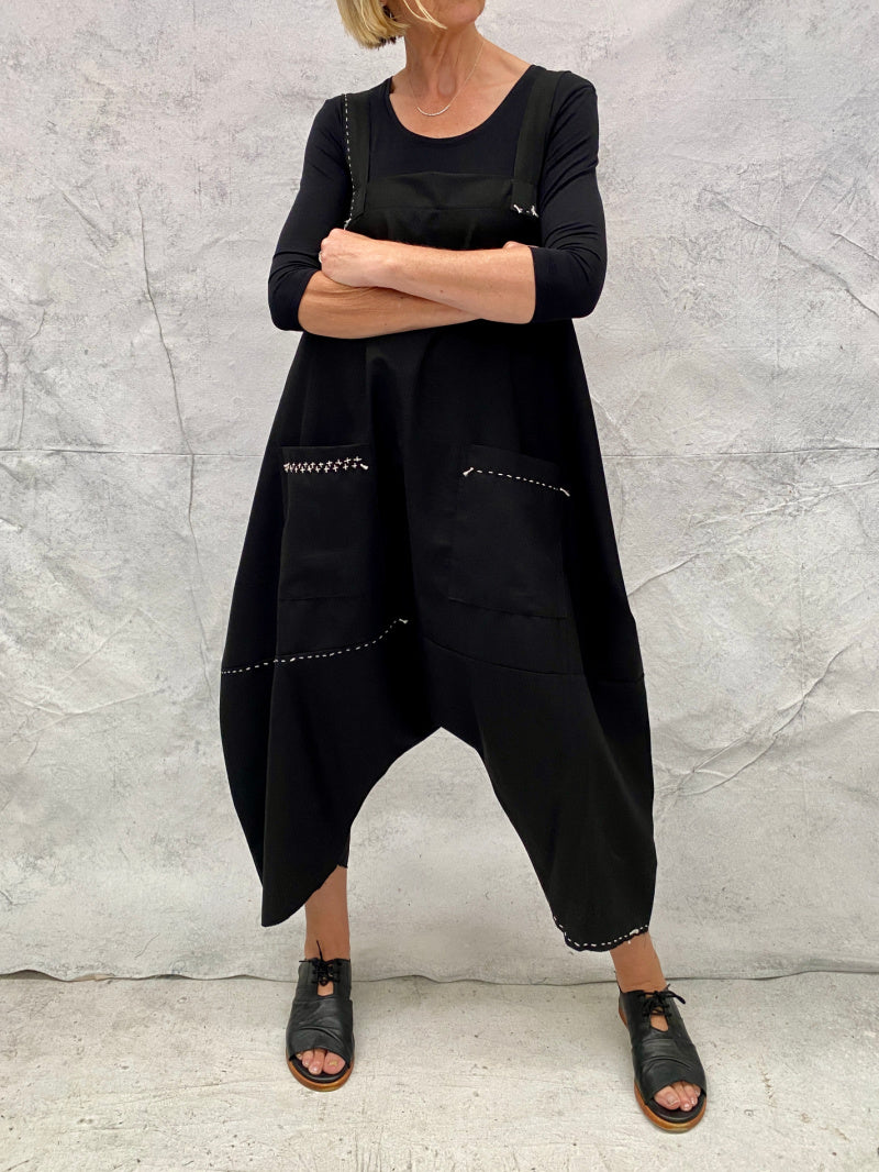 Envelope Overalls Black Linen with Hand Stitched Detail