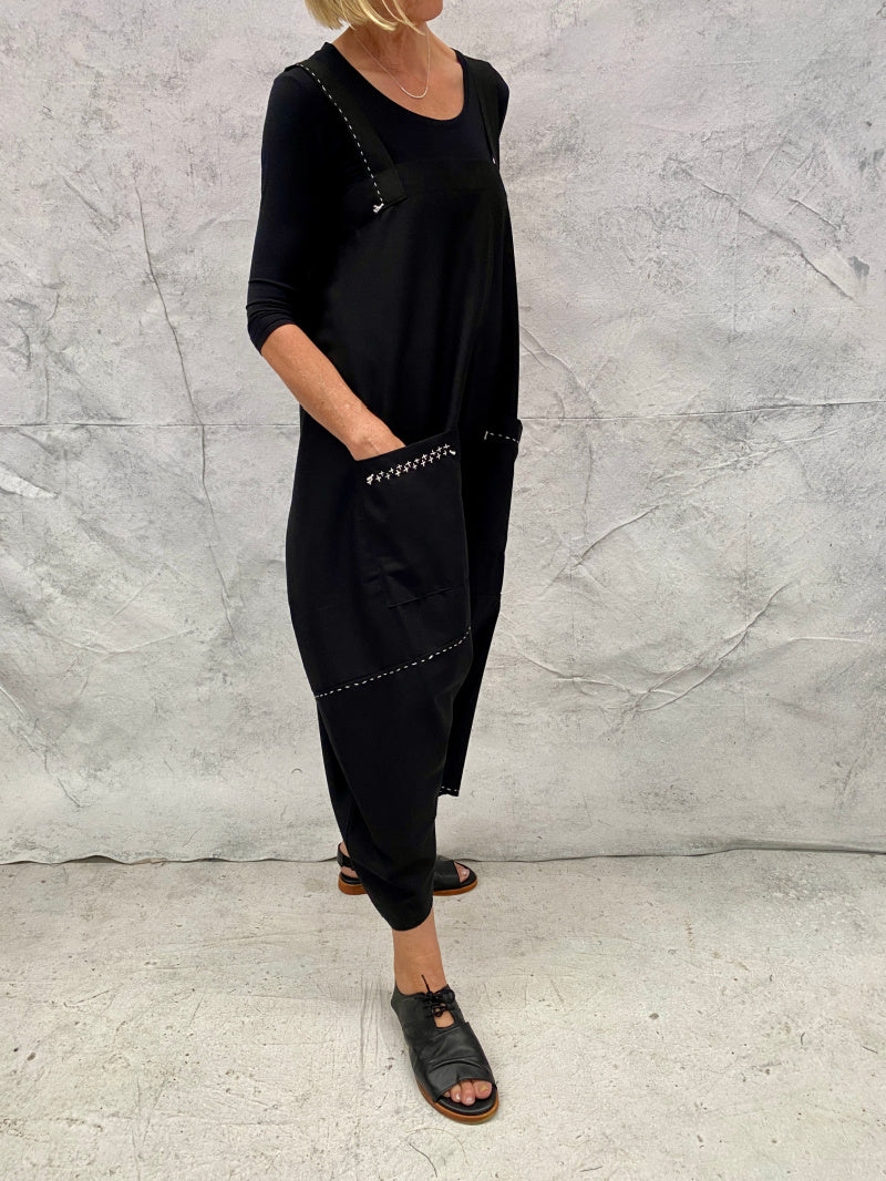 Envelope Overalls Black Linen with Hand Stitched Detail