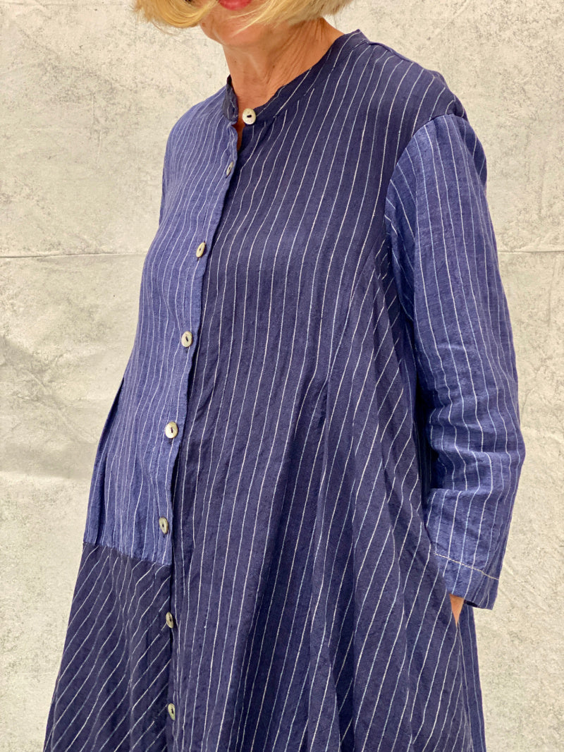 Florence Longline Shirt with Two Tones of Japanese Indigo Striped Linen