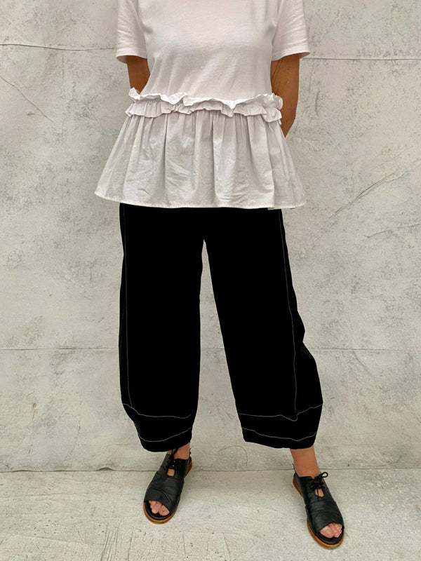 Grace Black Stretch Cotton Pants With Natural Topstitch