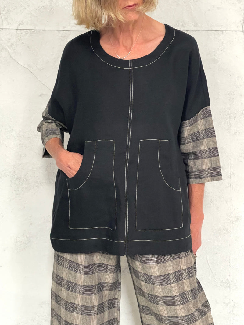 Harvest Top with New Front Pocket Detail in Black Linen with Plaid Sleeve