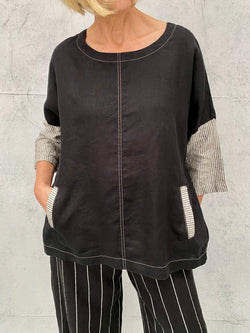 Harvest Top in Black Linen with  Contrast Sleeve and Pocket Detail