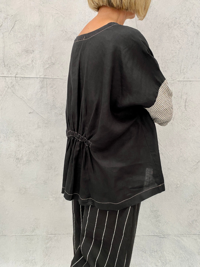 Harvest Top in Black Linen with  Contrast Sleeve and Pocket Detail