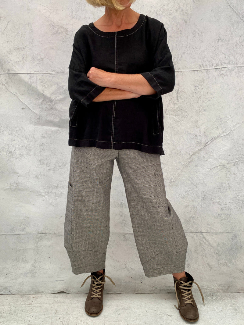 Grace Pants with Added Pockets in Grey Check Stretch Cotton