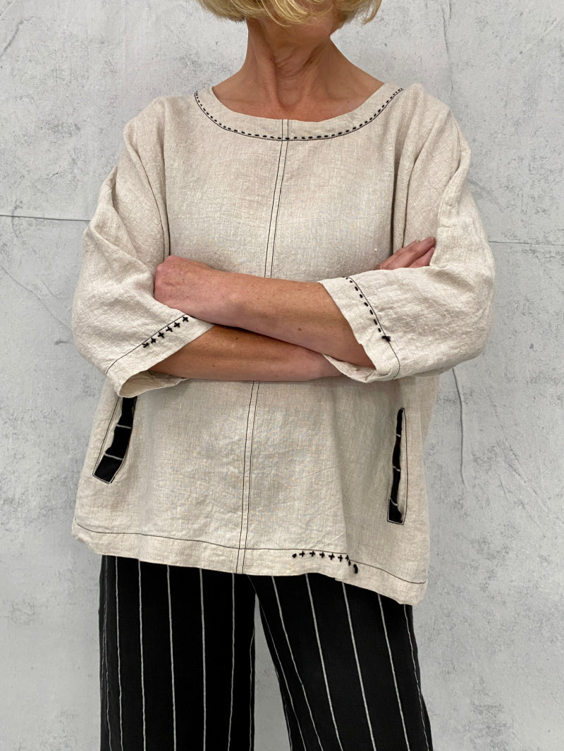 Harvest Top in Natural Linen with Hand Stitch and Pocket Detail my