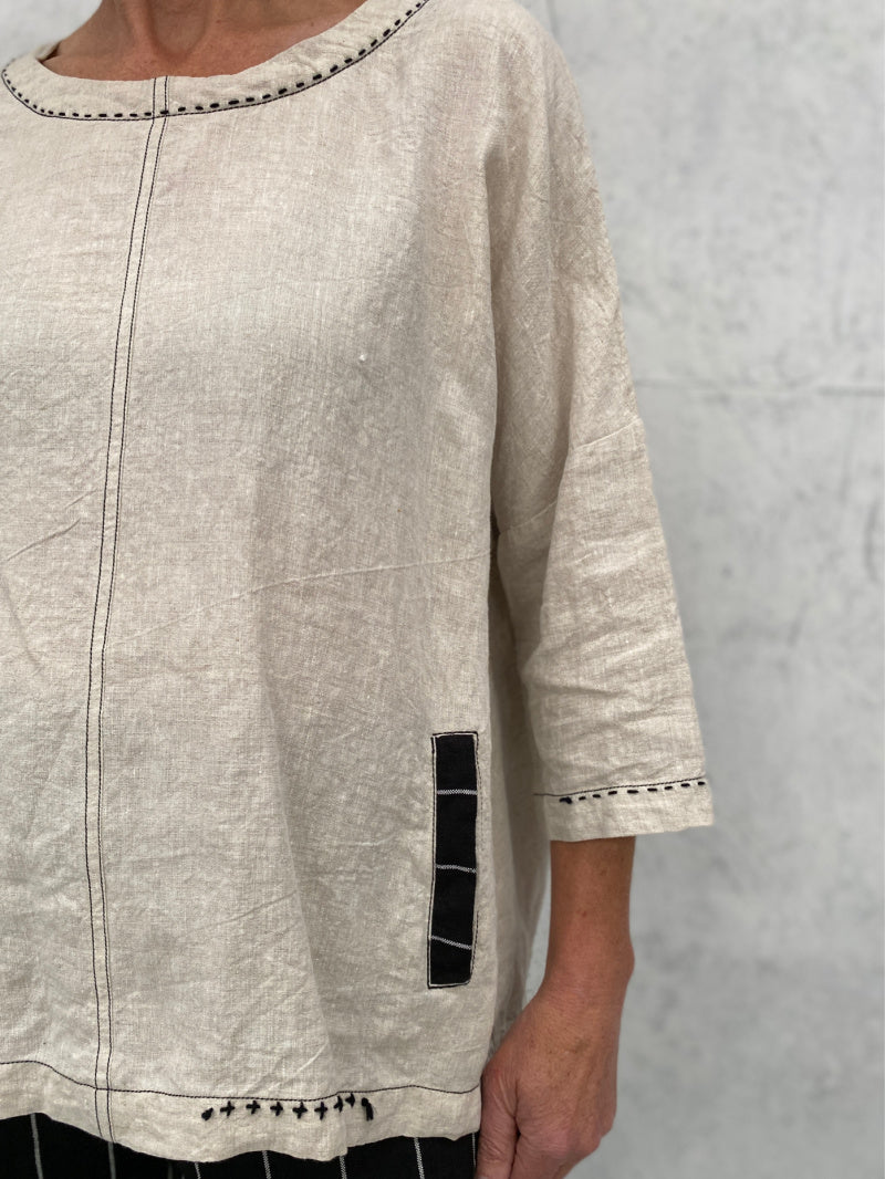 Harvest Top in Natural Linen with Hand Stitch and Pocket Detail my