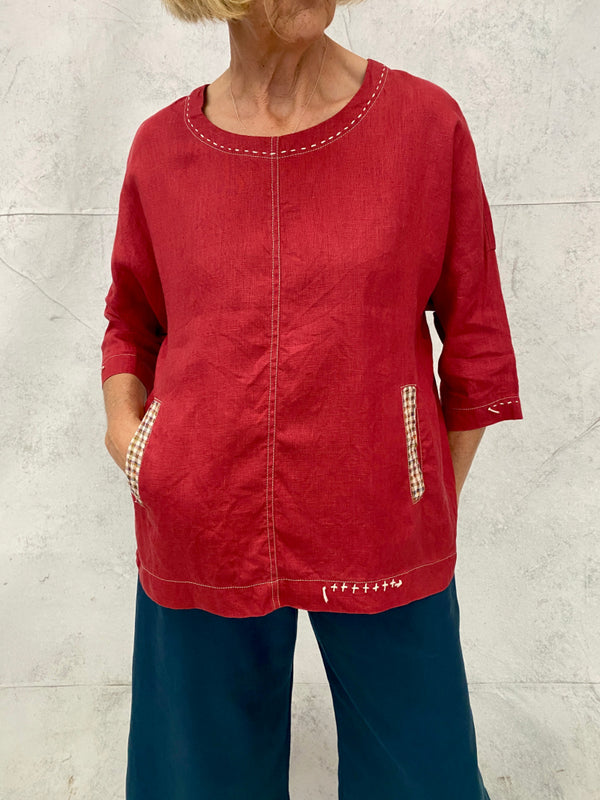 Harvest Top in Pomegranate Linen with Hand Stitch and Pocket Detail (Now in 4 sizes Small is now smaller than last season)