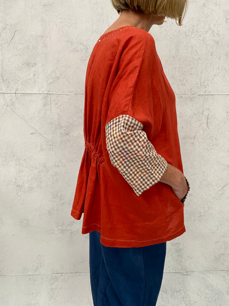 Harvest Top in Tangerine Linen with Contrast Sleeve and Pocket Detail