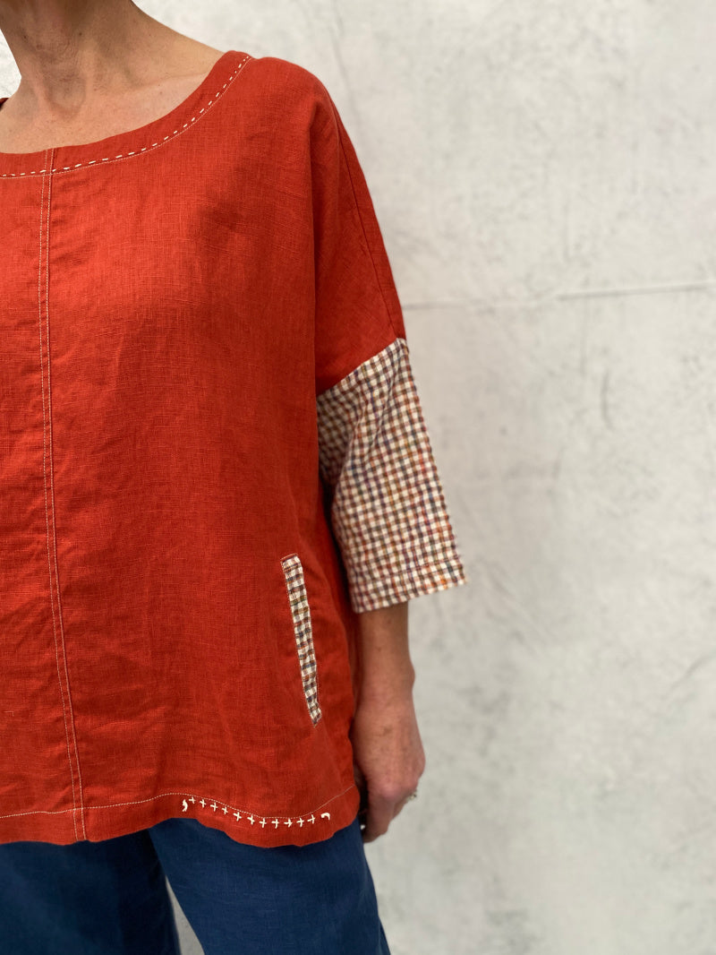 Harvest Top in Tangerine Linen with Contrast Sleeve and Pocket Detail