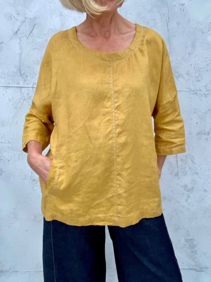 Harvest Top in Vintage Gold Linen with Hand Stitch Detail
