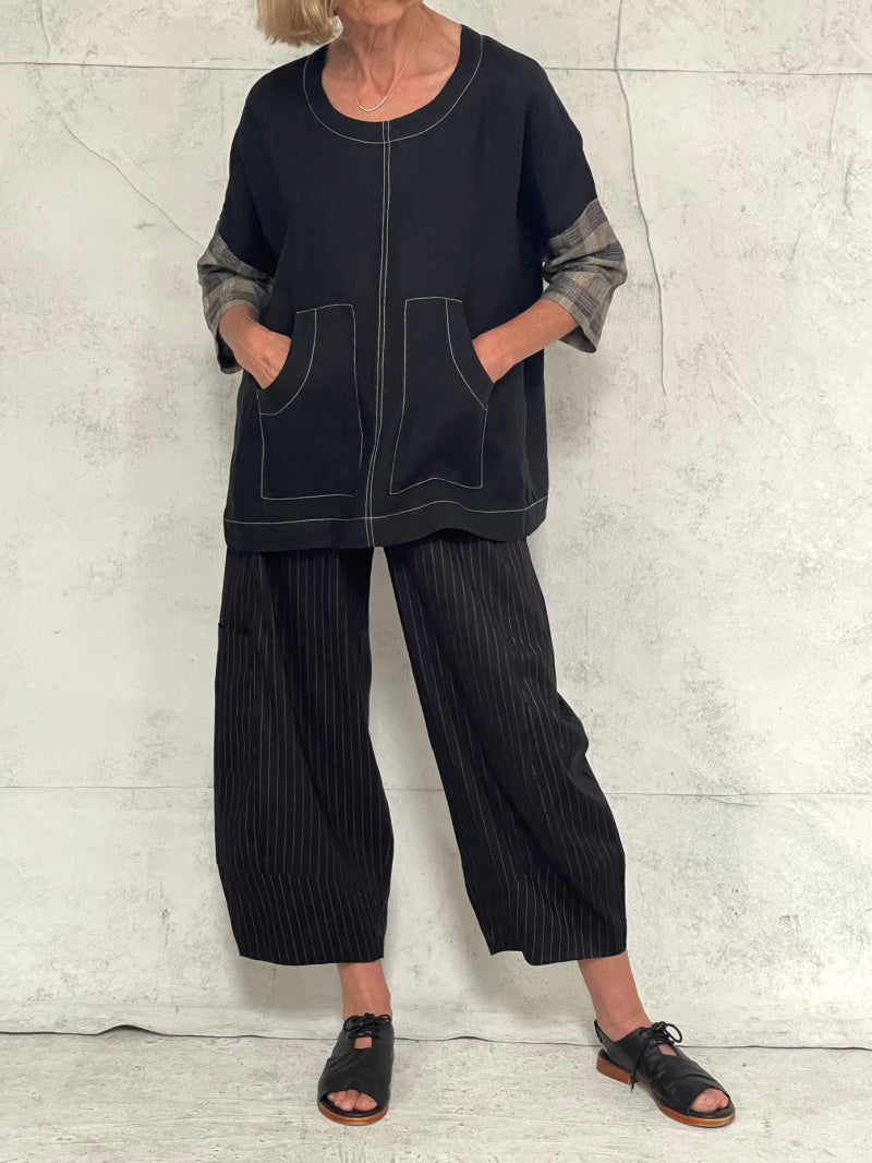 Grace Pant Black Pinstripe Stretch Linen