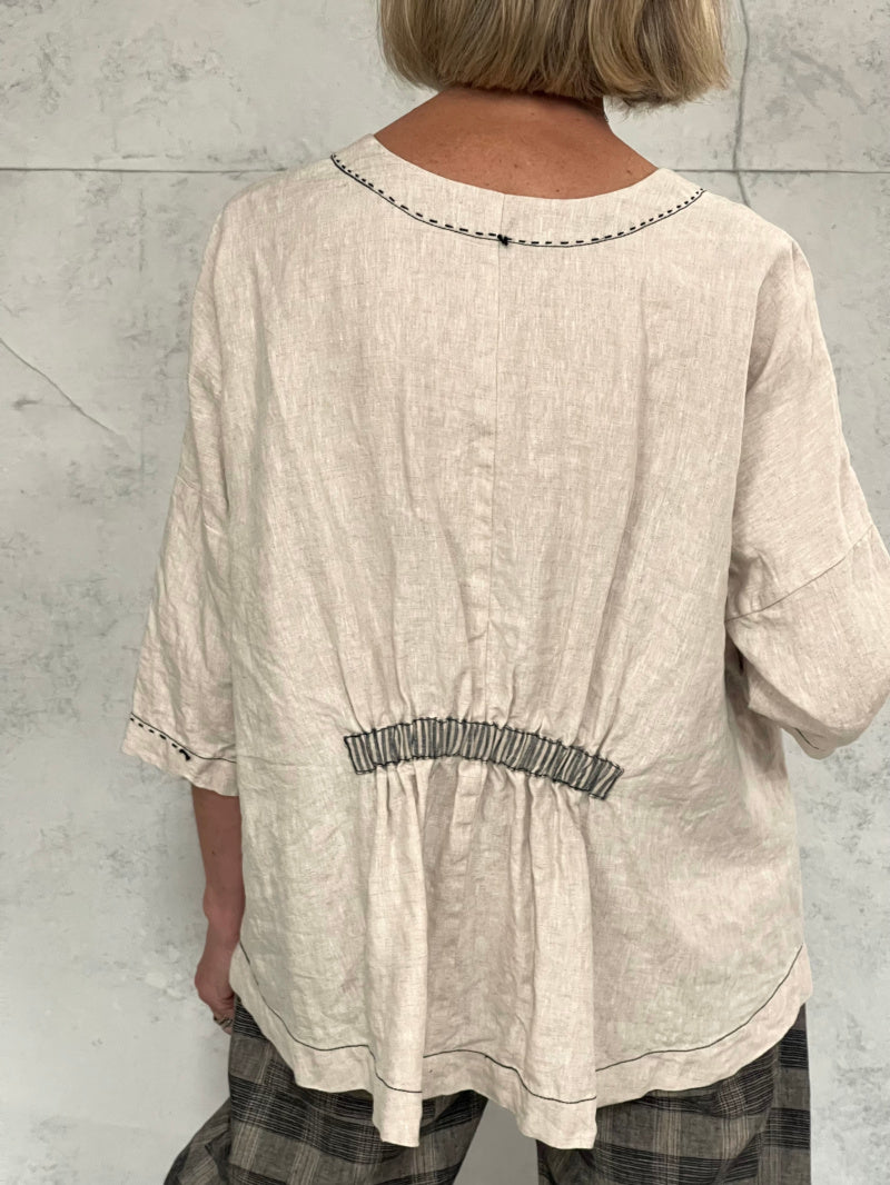 Harvest Top with New Front Pocket Detail in Natural Linen and Stripe Detail
