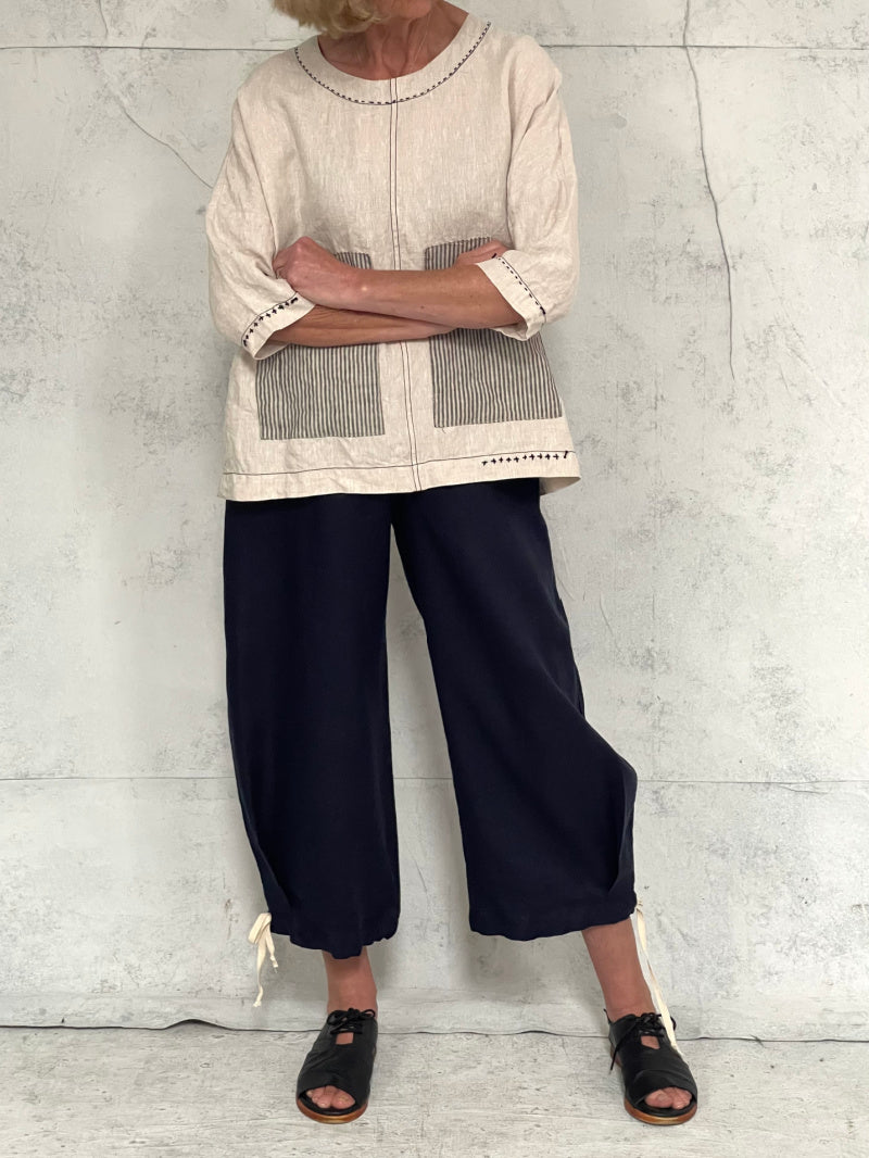 Harvest Top with New Front Pocket Detail in Natural Linen and Stripe Detail