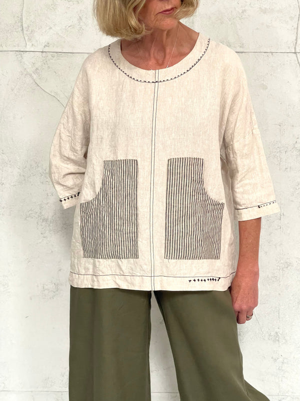 Harvest Top with New Front Pocket Detail in Natural Linen and Stripe Detail