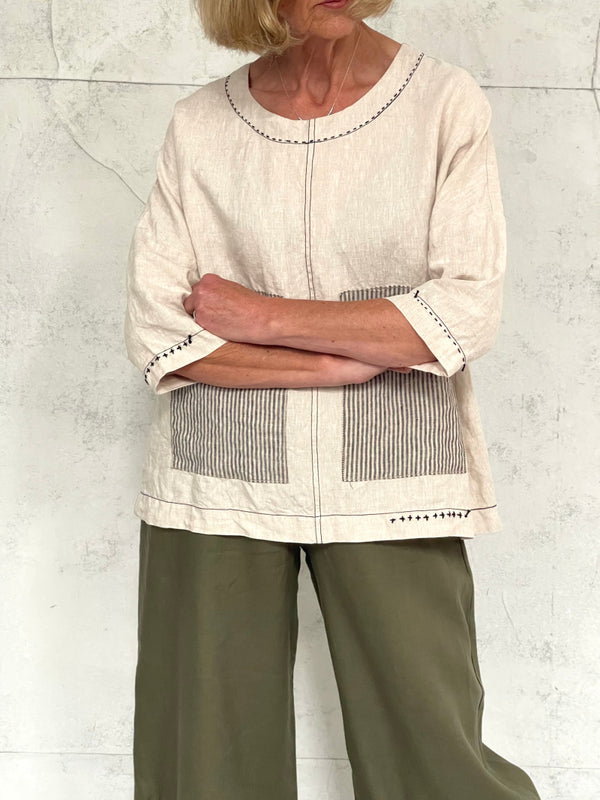Harvest Top with New Front Pocket Detail in Natural Linen and Stripe Detail