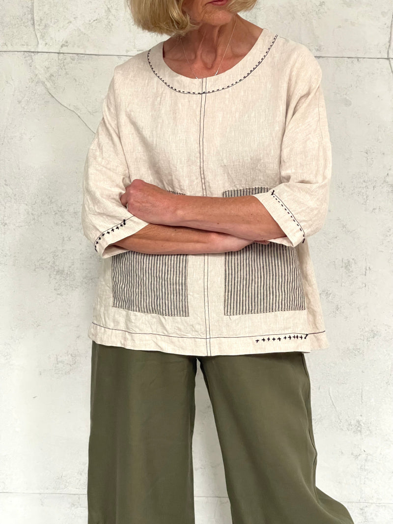 Harvest Top with New Front Pocket Detail in Natural Linen and Stripe Detail