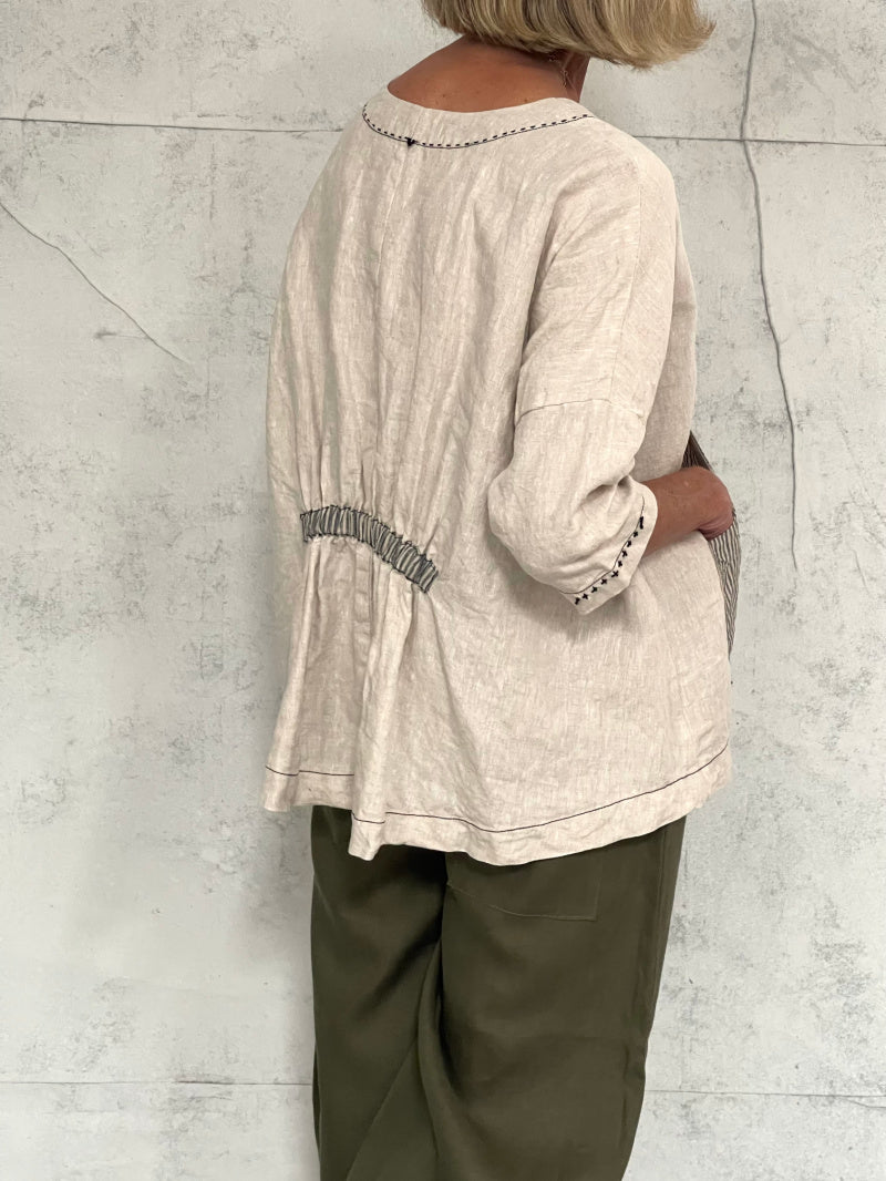 Harvest Top with New Front Pocket Detail in Natural Linen and Stripe Detail