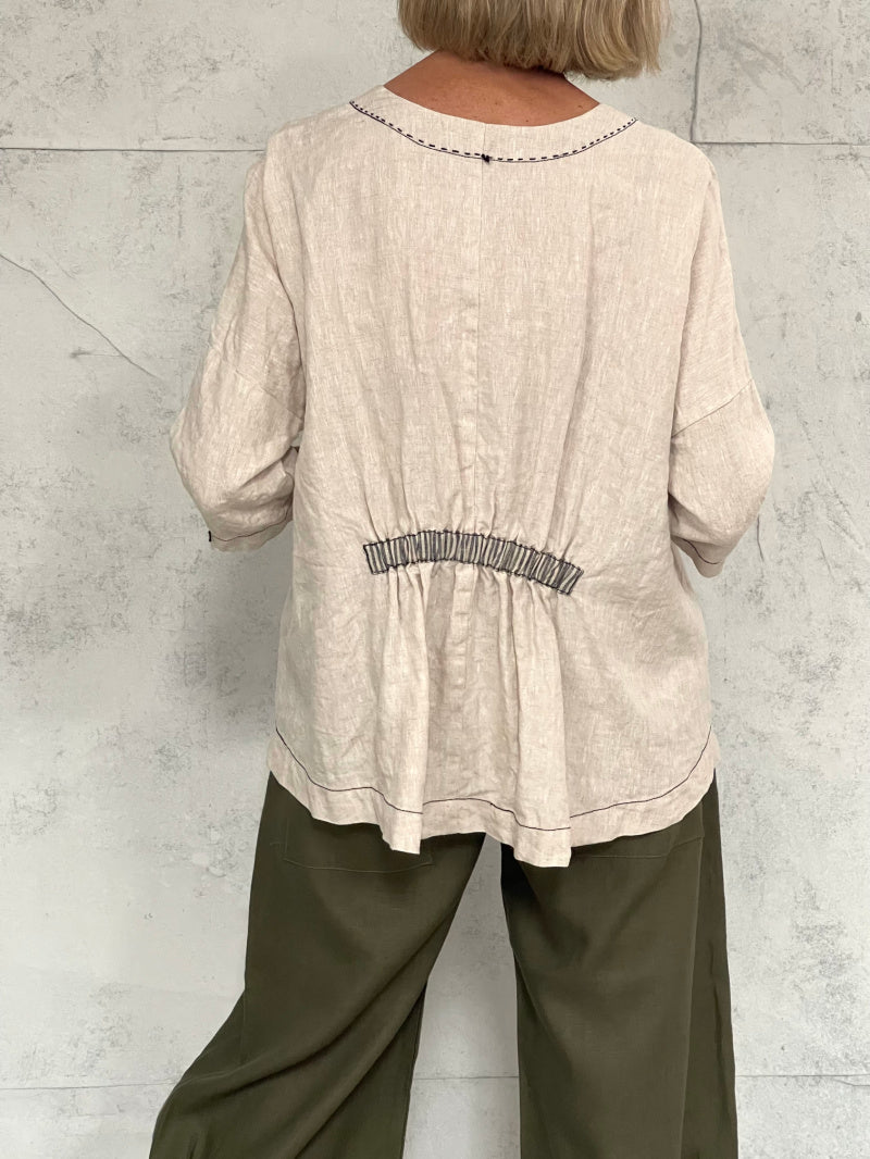 Harvest Top with New Front Pocket Detail in Natural Linen and Stripe Detail