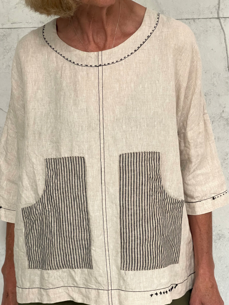 Harvest Top with New Front Pocket Detail in Natural Linen and Stripe Detail