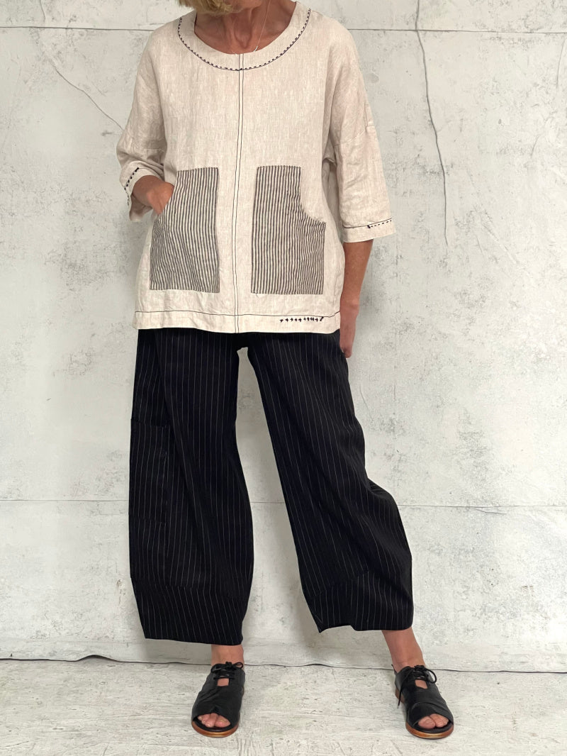 Harvest Top with New Front Pocket Detail in Natural Linen and Stripe Detail
